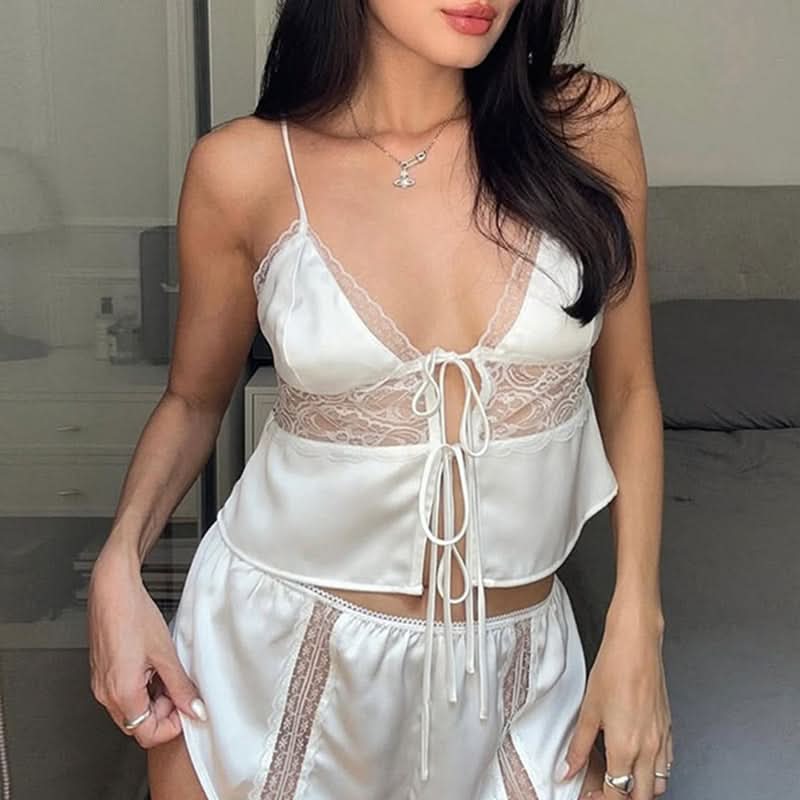 V neck satin lace hem cami top  | Festival Outfits Women