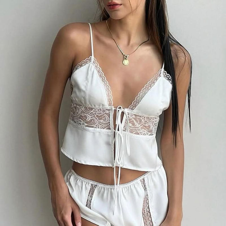 V neck satin lace hem cami top  | Festival Outfits Women