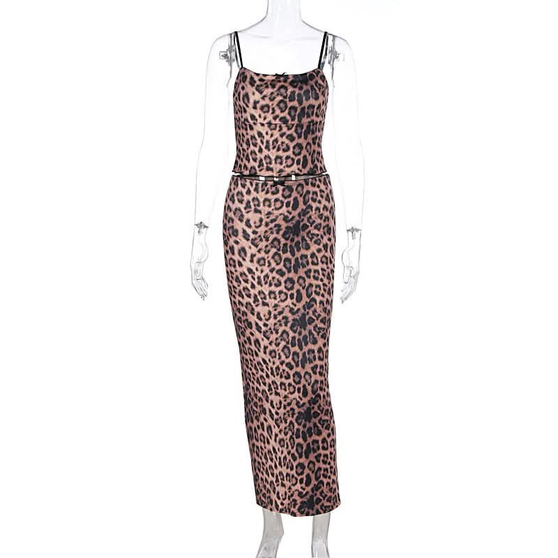 Leopard print u neck bowknot slit cami maxi skirt set  | Festival Outfits Women