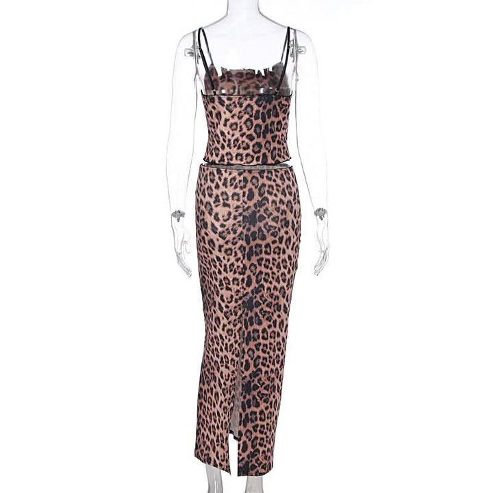 Leopard print u neck bowknot slit cami maxi skirt set  | Festival Outfits Women