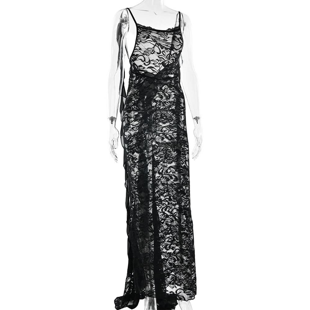 U neck flower applique lace backless cami maxi dress  | Festival Outfits Women