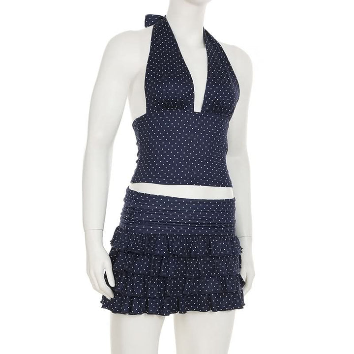 Halter v neck polka dot ruffle mini skirt set  | Festival Outfits Women