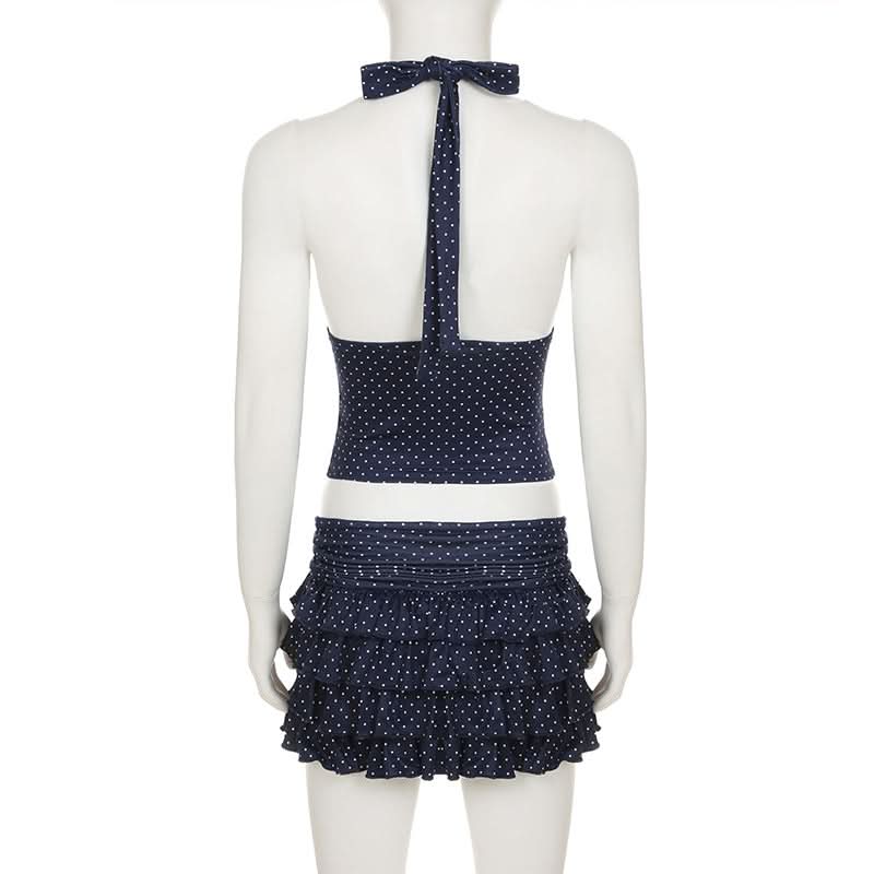 Halter v neck polka dot ruffle mini skirt set  | Festival Outfits Women