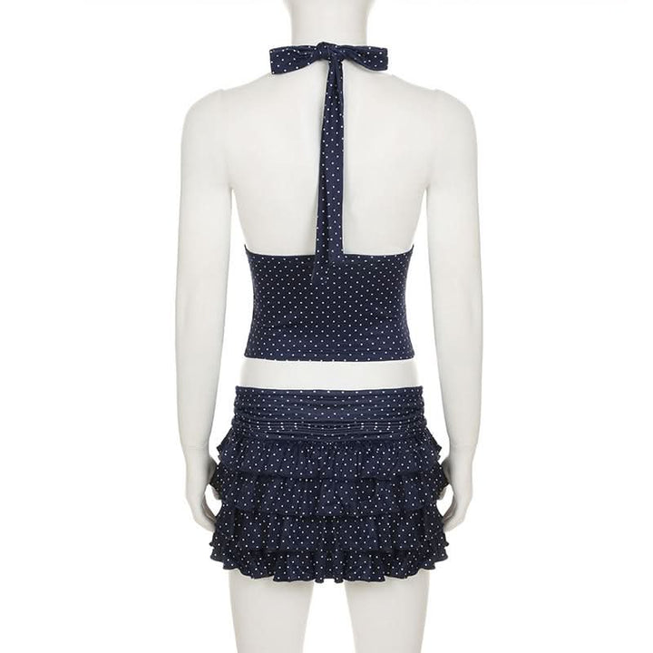Halter v neck polka dot ruffle mini skirt set  | Festival Outfits Women