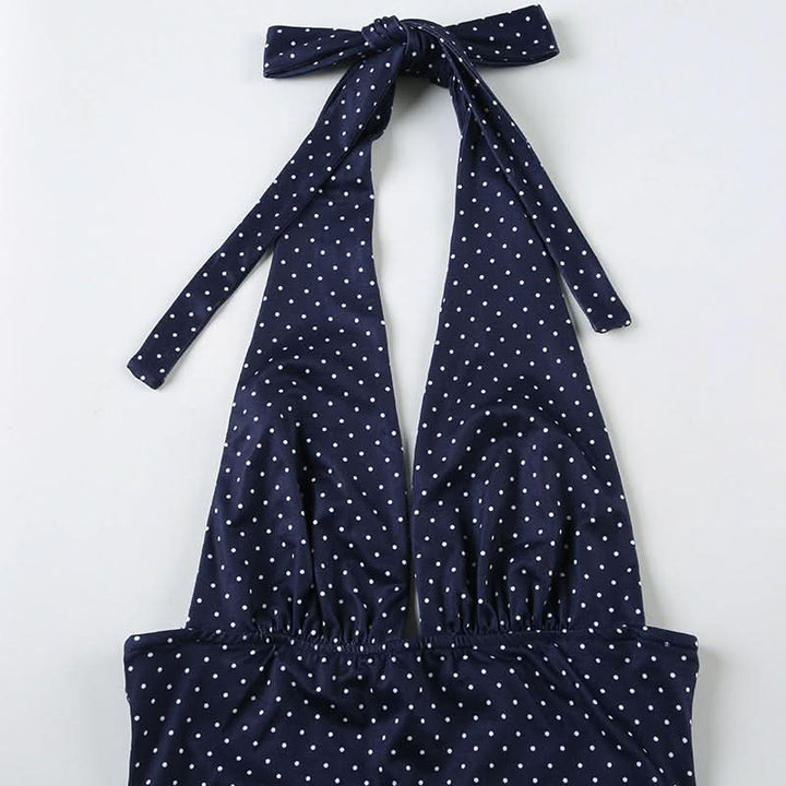 Halter v neck polka dot ruffle mini skirt set  | Festival Outfits Women