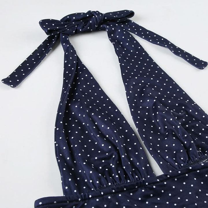 Halter v neck polka dot ruffle mini skirt set  | Festival Outfits Women