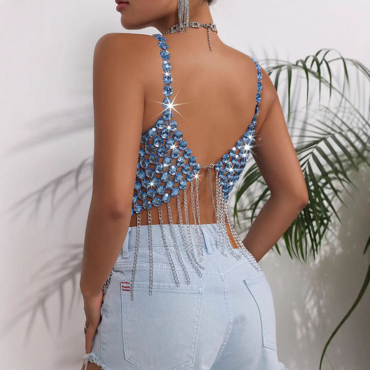 V neck tassels crystal hollow out cami cut out top  | Festival Outfits Women