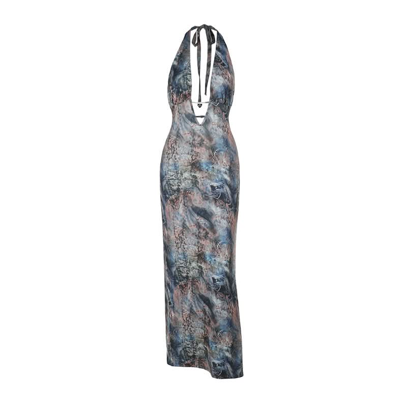 Halter v neck backless contrast maxi dress  | Festival Outfits Women-final-sale