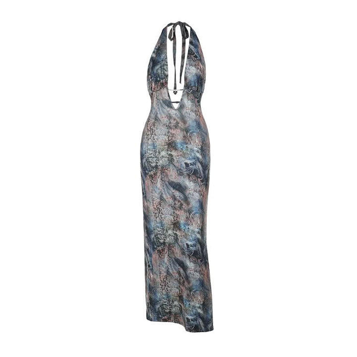 Halter v neck backless contrast maxi dress  | Festival Outfits Women-final-sale