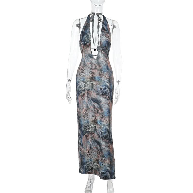 Halter v neck backless contrast maxi dress  | Festival Outfits Women-final-sale