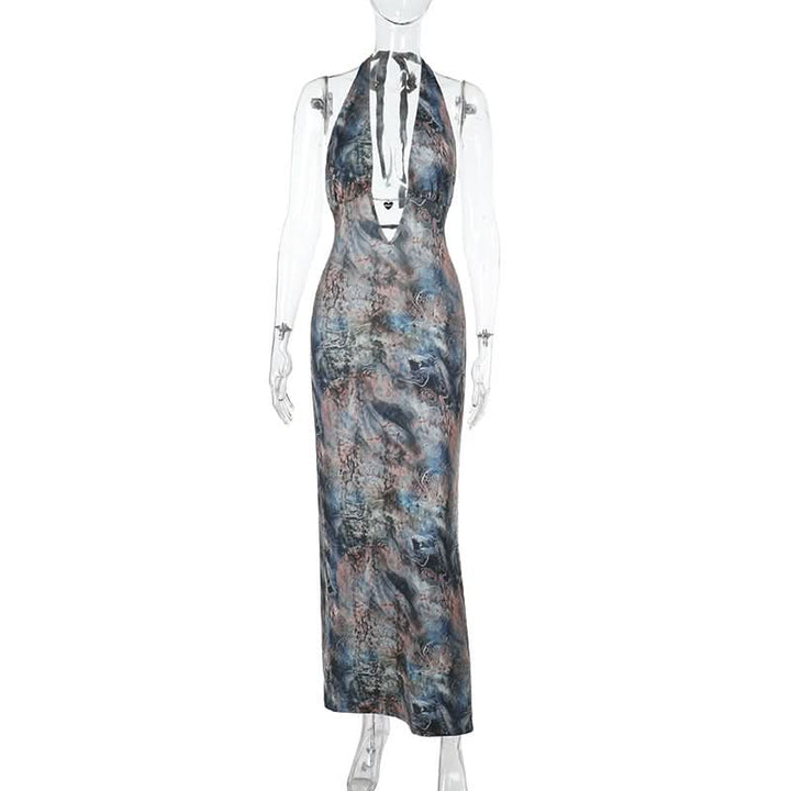 Halter v neck backless contrast maxi dress  | Festival Outfits Women-final-sale