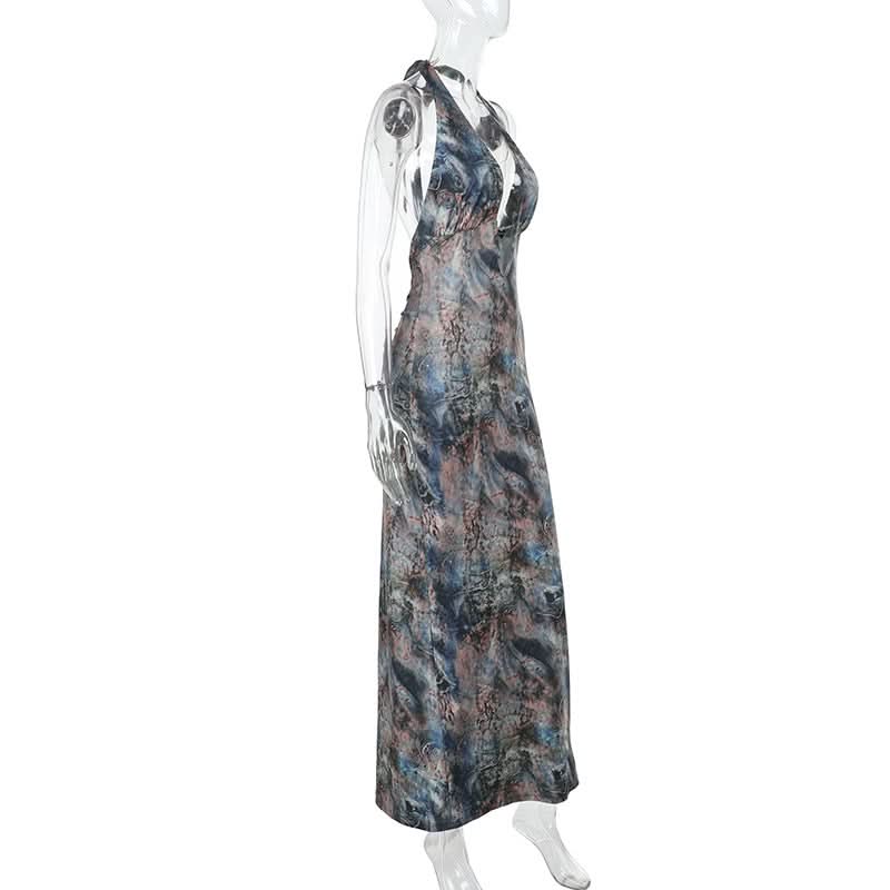 Halter v neck backless contrast maxi dress  | Festival Outfits Women-final-sale