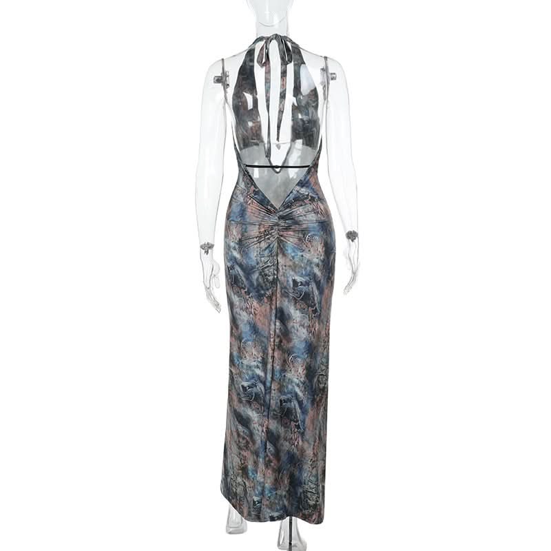 Halter v neck backless contrast maxi dress  | Festival Outfits Women-final-sale