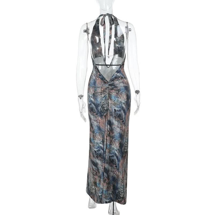 Halter v neck backless contrast maxi dress  | Festival Outfits Women-final-sale
