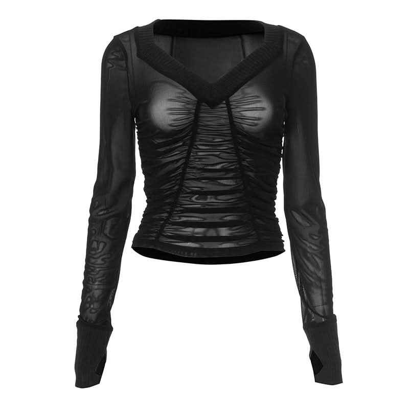 Long sleeve ruched mesh v neck gloves top  | Festival Outfits Women