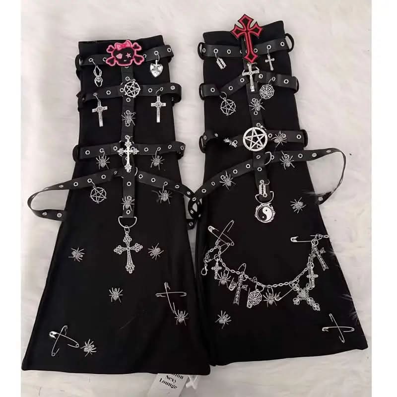 Metal chain cross skull applique knee sleeve  | Festival Outfits Women