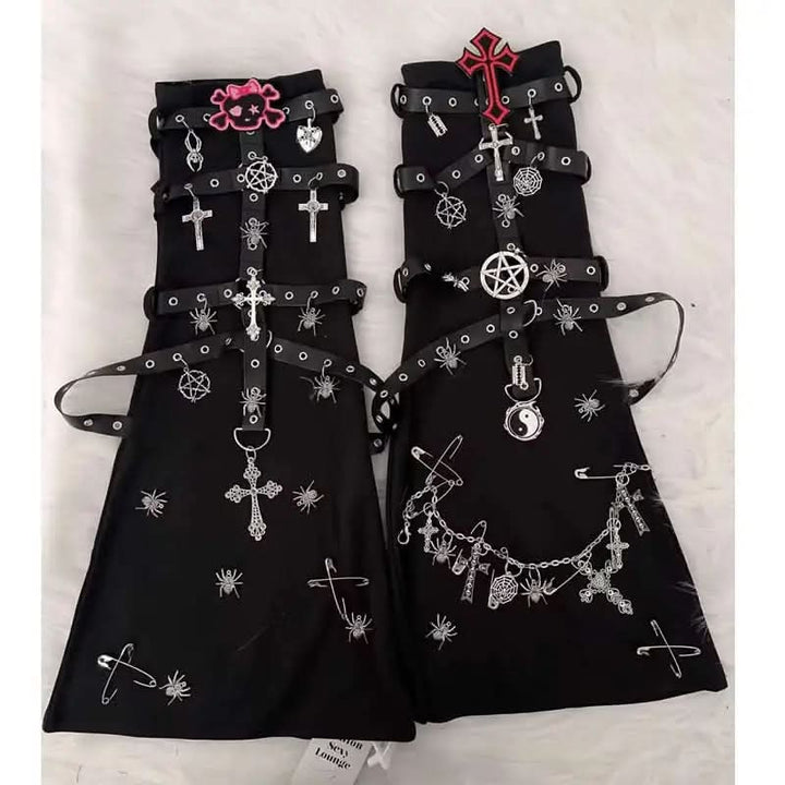 Metal chain cross skull applique knee sleeve  | Festival Outfits Women