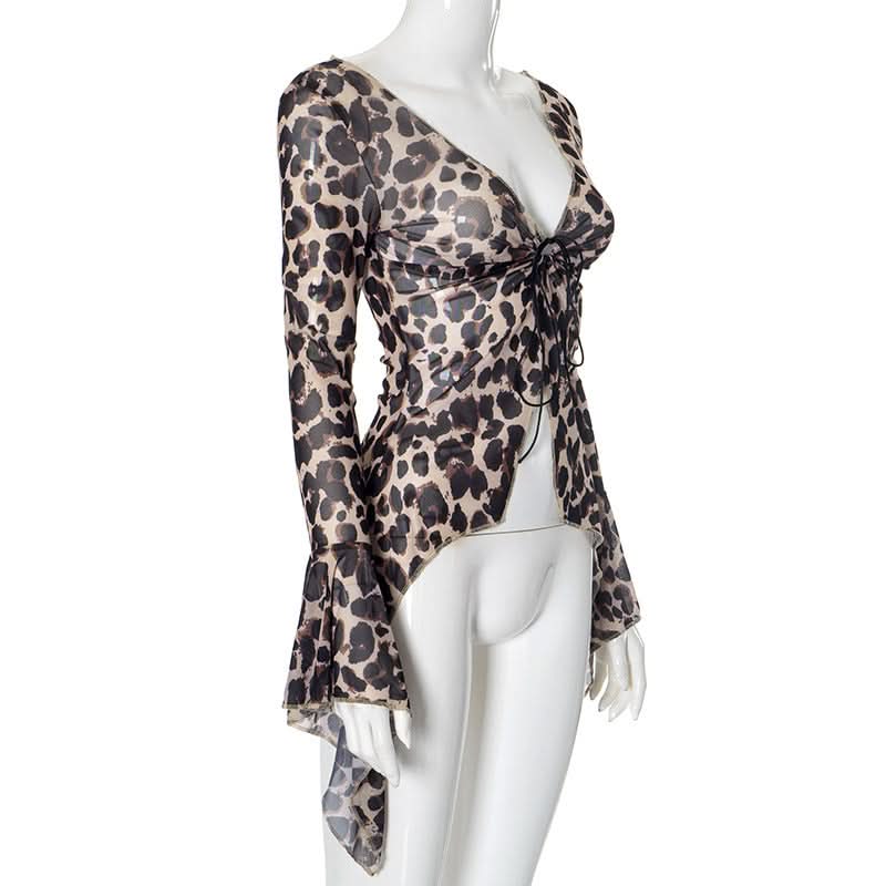 Leopard print v neck self tie long flared sleeve top  | Festival Outfits Women  | Cheetah Print Top-final-sale