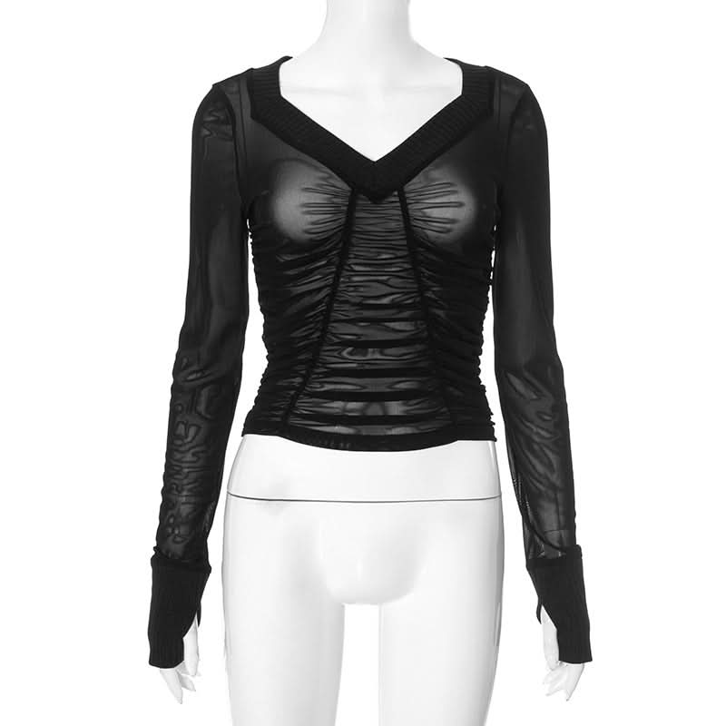 Long sleeve ruched mesh v neck gloves top  | Festival Outfits Women