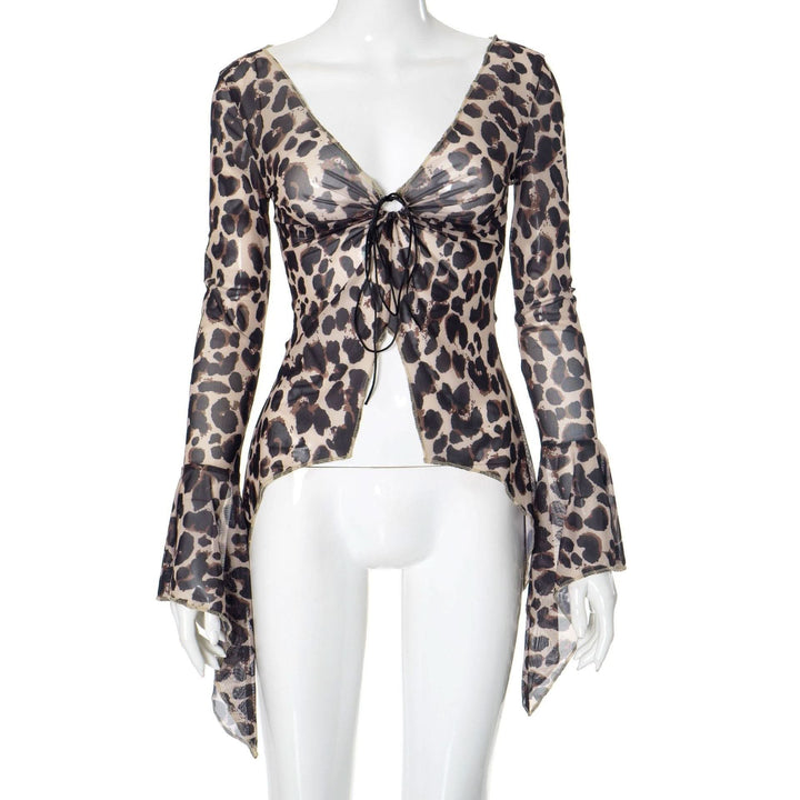 Leopard print v neck self tie long flared sleeve top  | Festival Outfits Women  | Cheetah Print Top-final-sale
