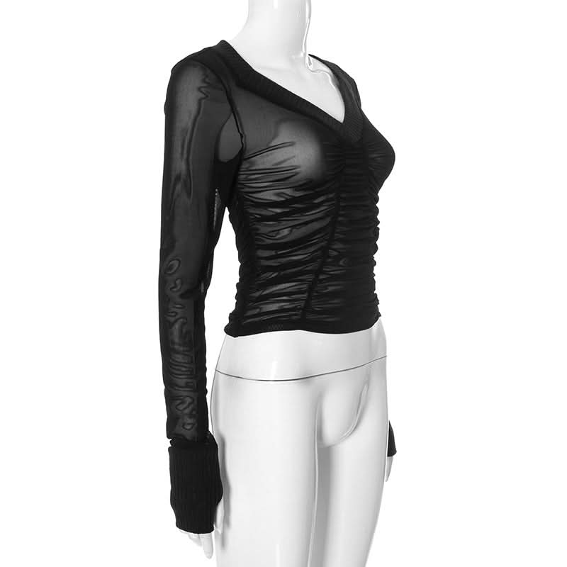 Long sleeve ruched mesh v neck gloves top  | Festival Outfits Women
