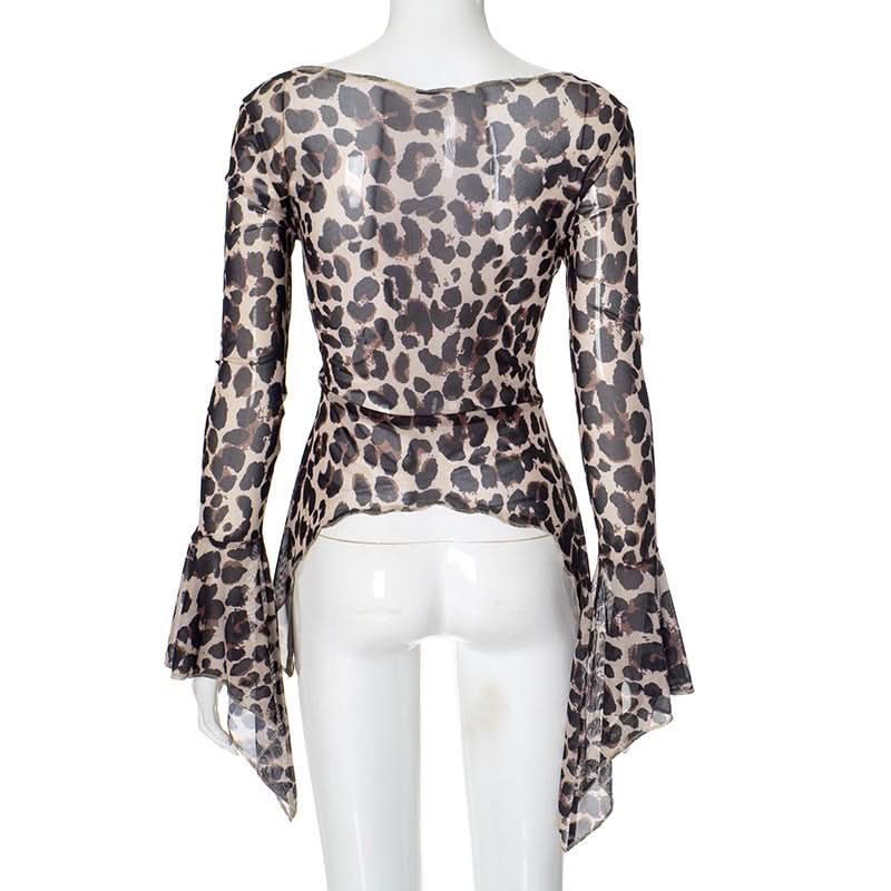 Leopard print v neck self tie long flared sleeve top  | Festival Outfits Women  | Cheetah Print Top-final-sale