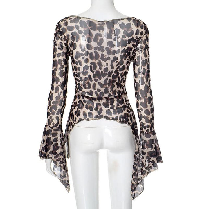 Leopard print v neck self tie long flared sleeve top  | Festival Outfits Women  | Cheetah Print Top-final-sale