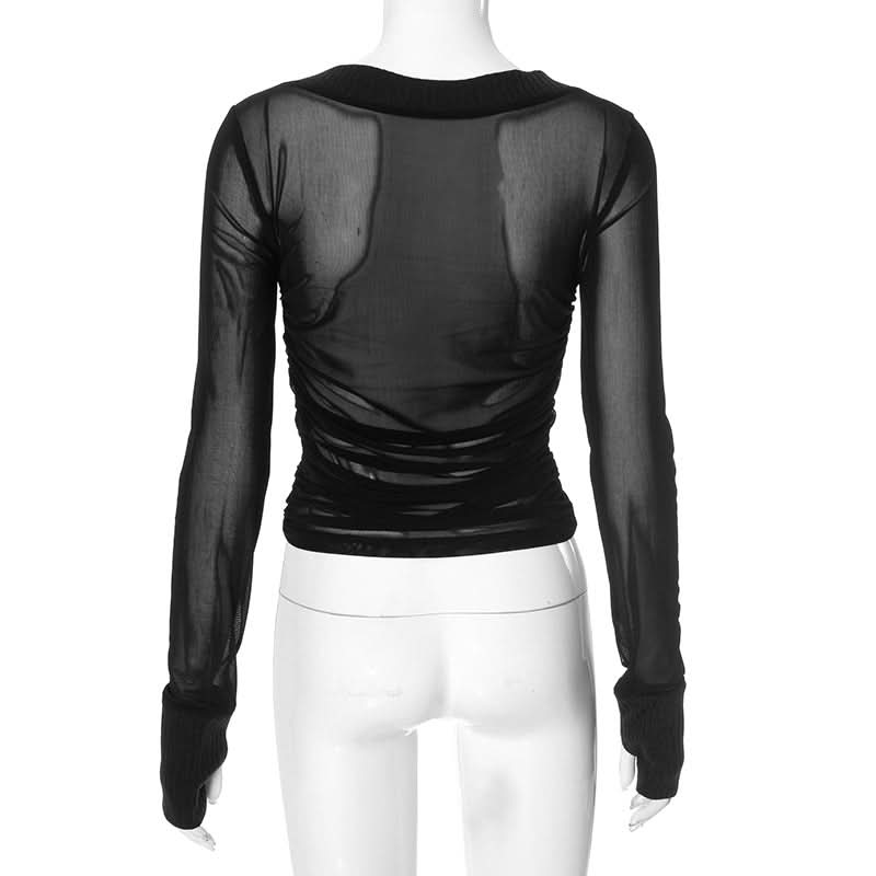 Long sleeve ruched mesh v neck gloves top  | Festival Outfits Women