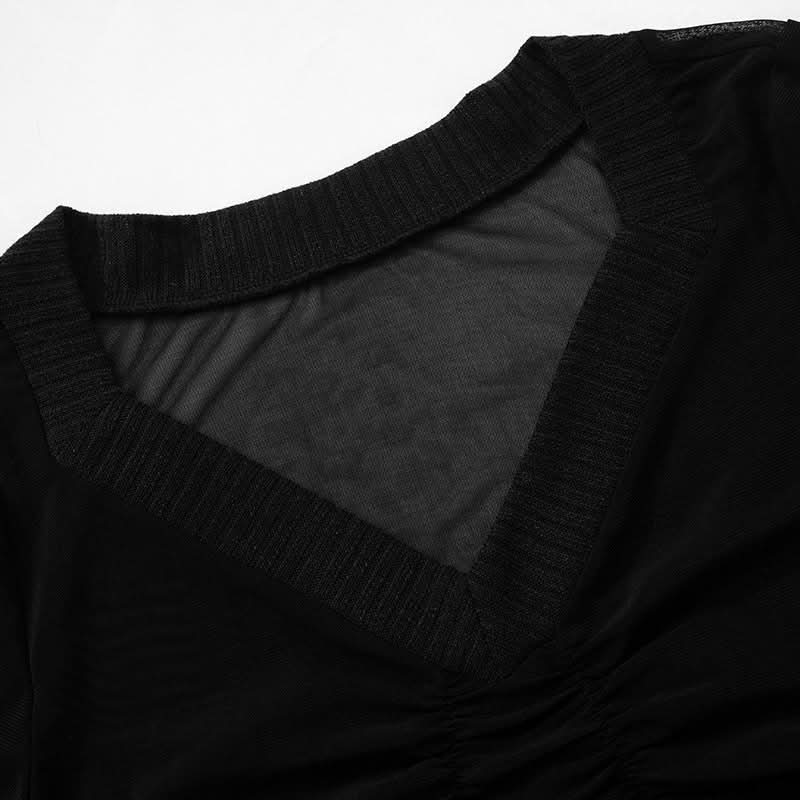 Long sleeve ruched mesh v neck gloves top  | Festival Outfits Women