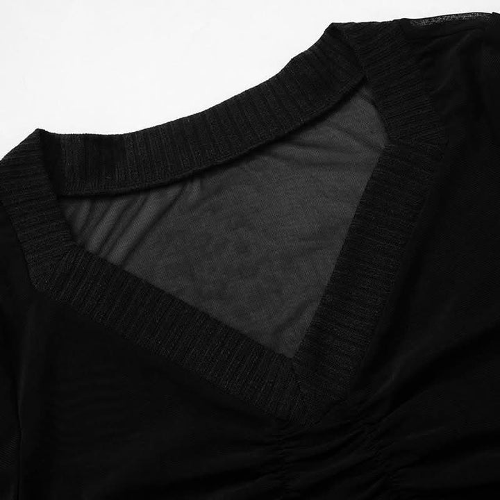 Long sleeve ruched mesh v neck gloves top  | Festival Outfits Women