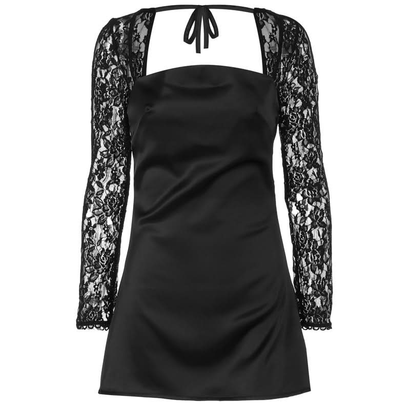 Long sleeve lace square neck self tie satin mini dress  | Festival Outfits Women