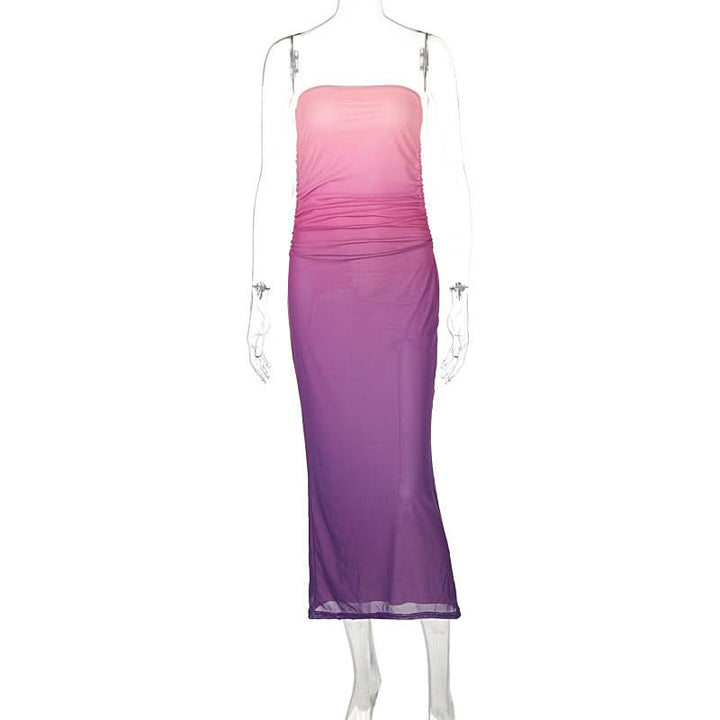 Gradient mesh ruched backless tube midi dress  | Festival Outfits Women