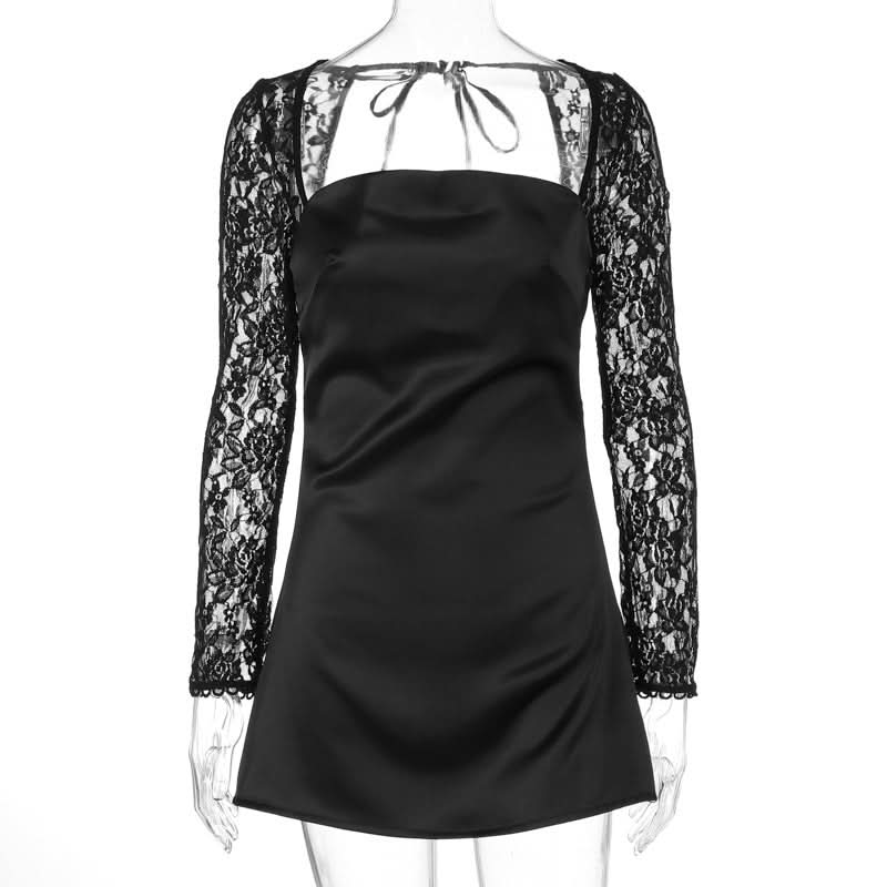 Long sleeve lace square neck self tie satin mini dress  | Festival Outfits Women