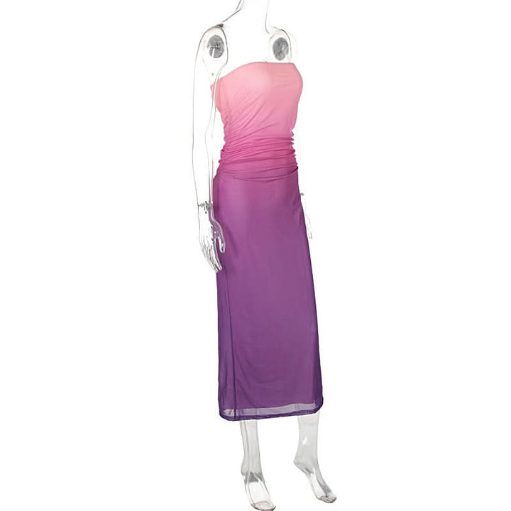 Gradient mesh ruched backless tube midi dress  | Festival Outfits Women