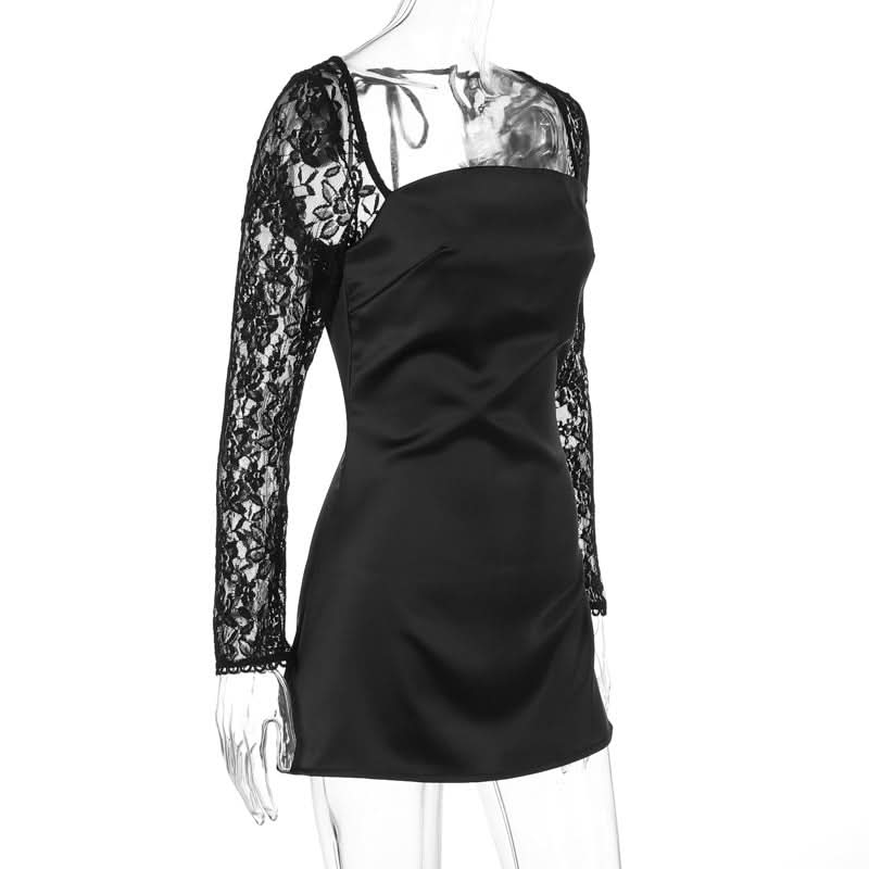 Long sleeve lace square neck self tie satin mini dress  | Festival Outfits Women
