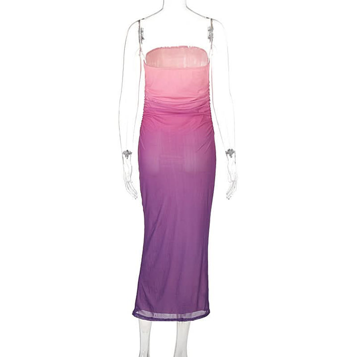Gradient mesh ruched backless tube midi dress  | Festival Outfits Women