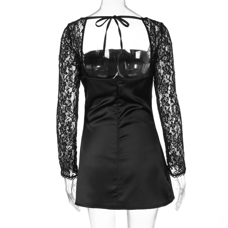Long sleeve lace square neck self tie satin mini dress  | Festival Outfits Women