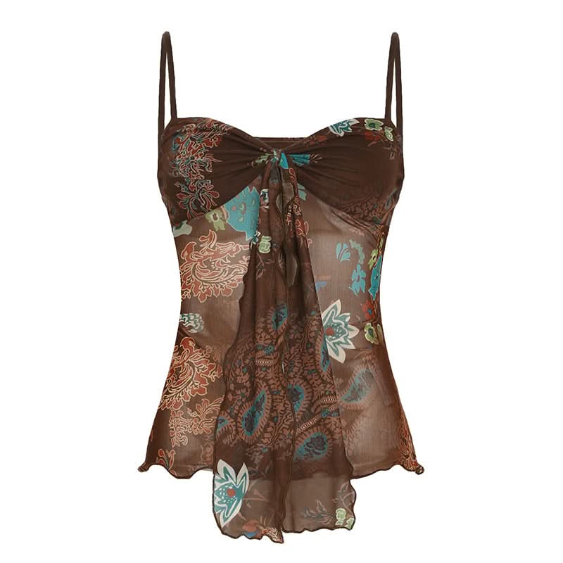 Ruffle v neck flower print mesh cami top  | Festival Outfits Women-final-sale