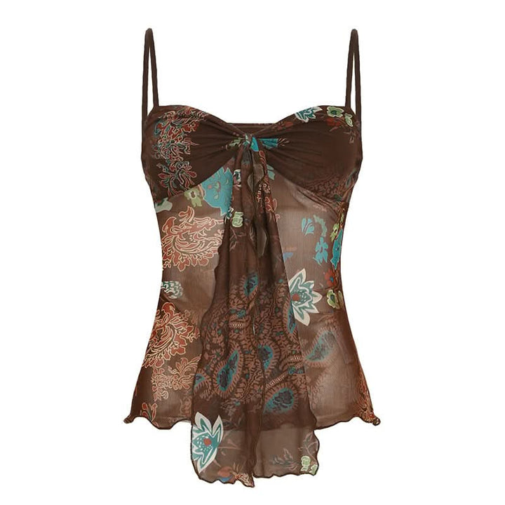 Ruffle v neck flower print mesh cami top  | Festival Outfits Women-final-sale