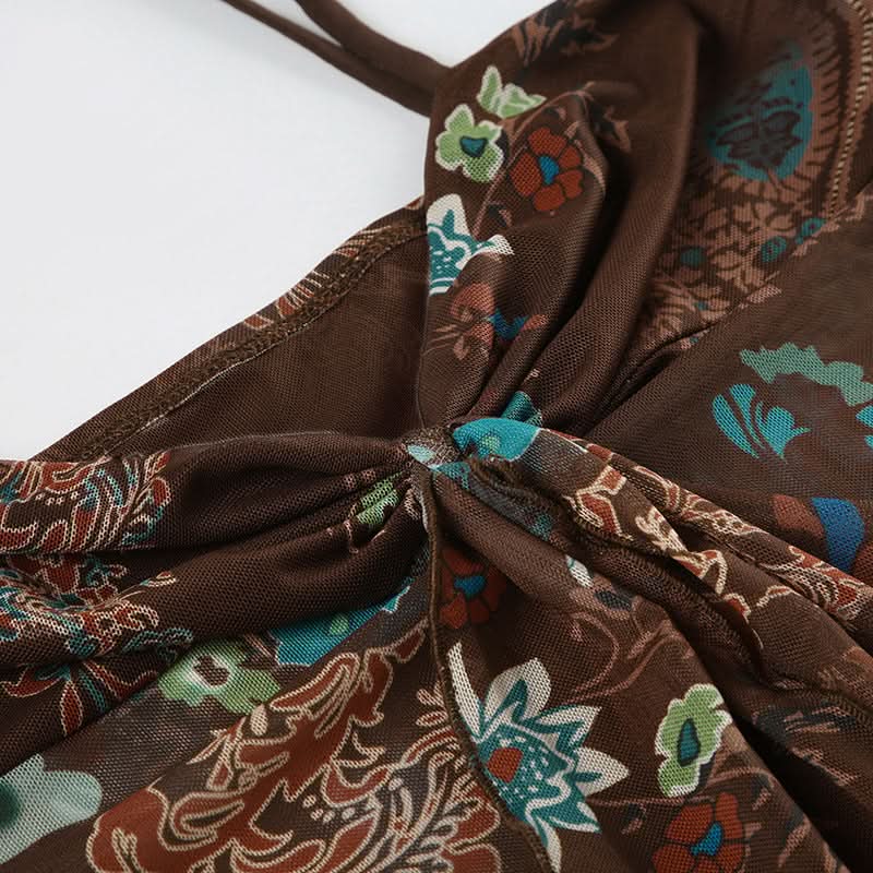 Ruffle v neck flower print mesh cami top  | Festival Outfits Women-final-sale