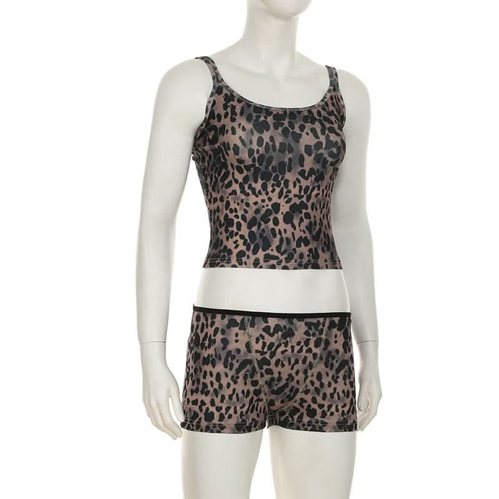 Leopard print u neck ribbed backless cami pant set  | Festival Outfits Women