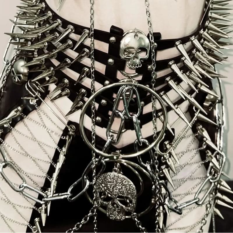 PU leather metal chain skull applique belt top  | Festival Outfits Women