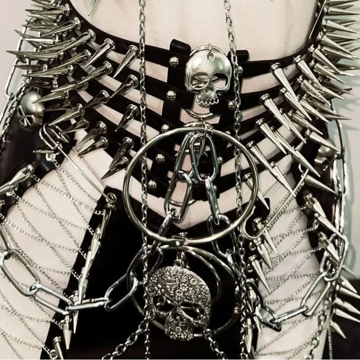 PU leather metal chain skull applique belt top  | Festival Outfits Women