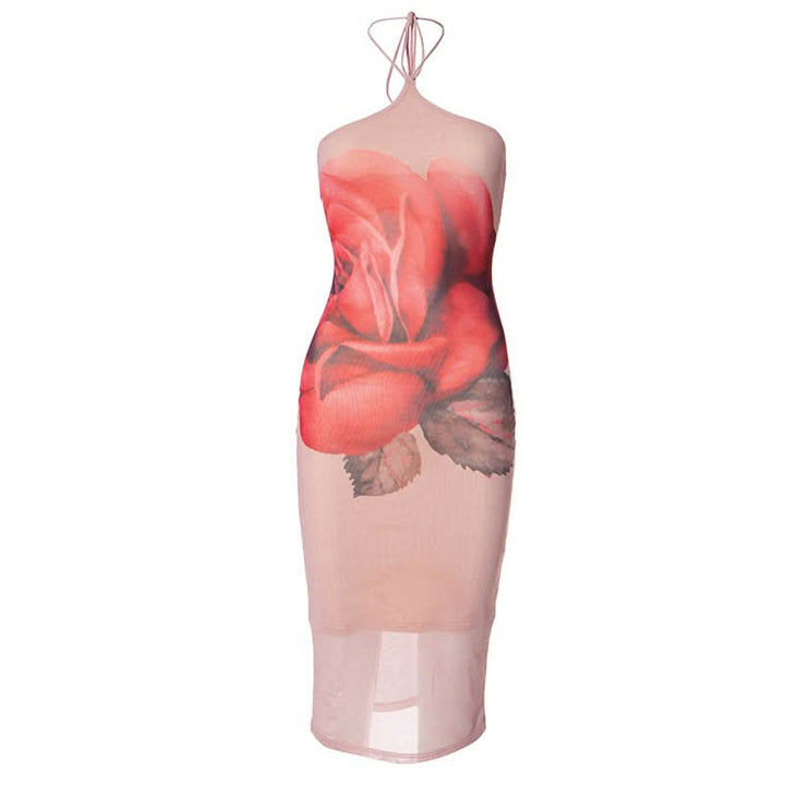 Halter flower print backless mesh midi dress  | Festival Outfits Women