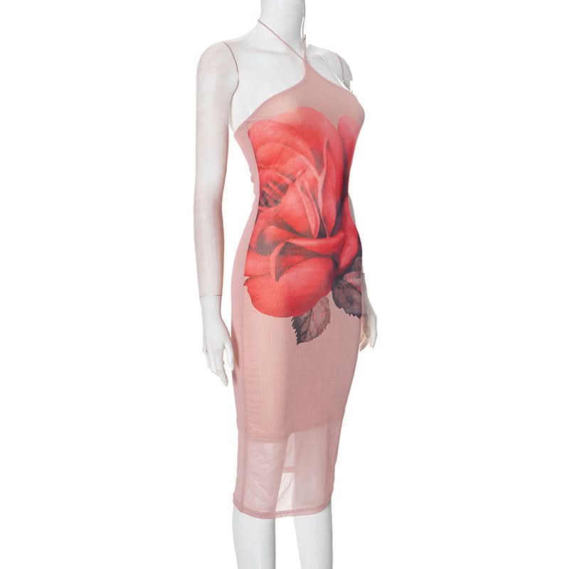 Halter flower print backless mesh midi dress  | Festival Outfits Women