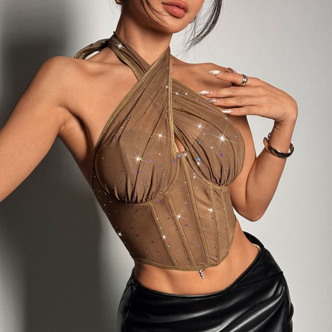 Halter glitter mesh patchwork corset top  | Festival Outfits Women