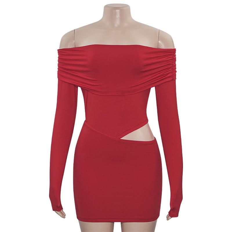 Off shoulder long sleeve hollow out ruched cut out mini dress  | Festival Outfits Women