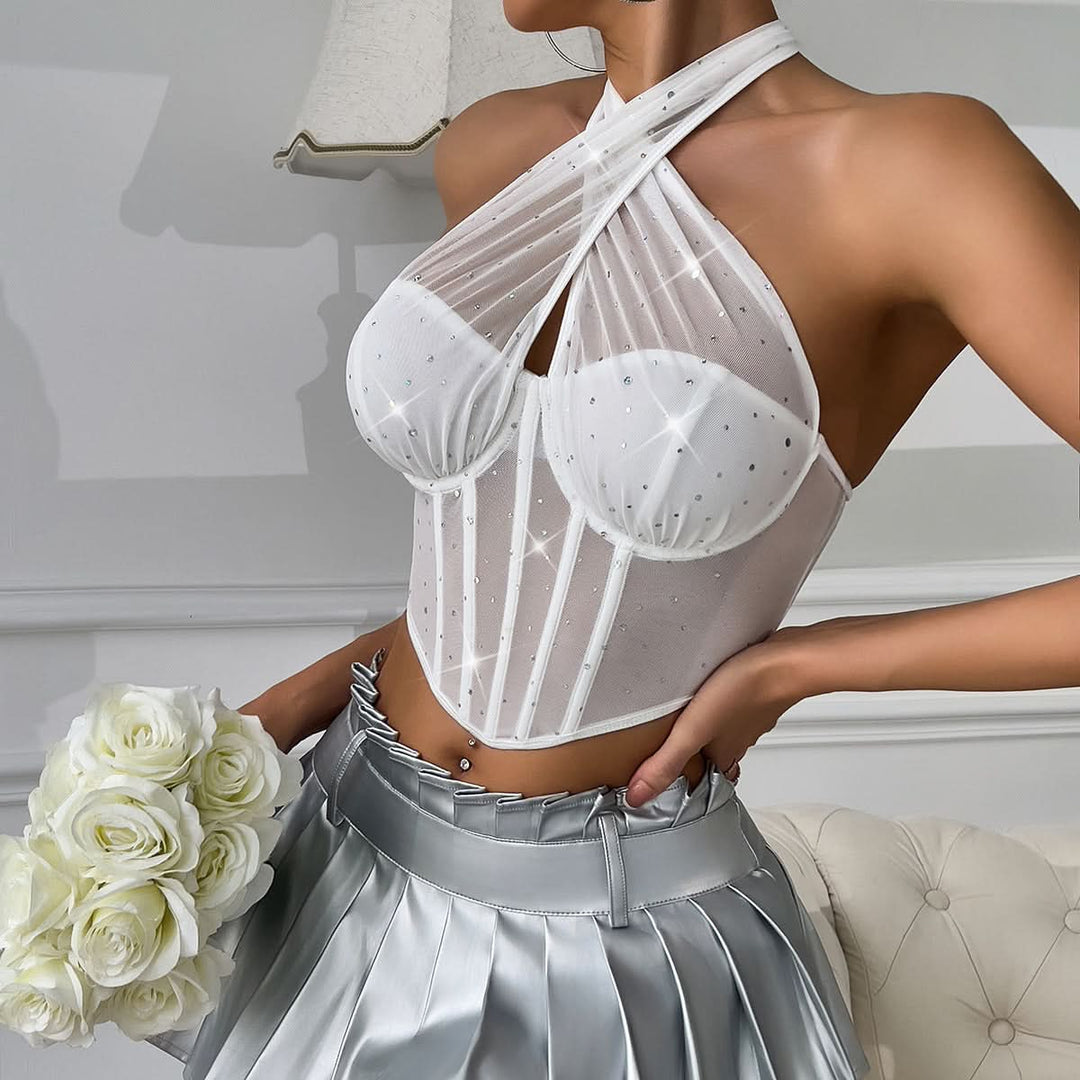 Halter glitter mesh patchwork corset top  | Festival Outfits Women