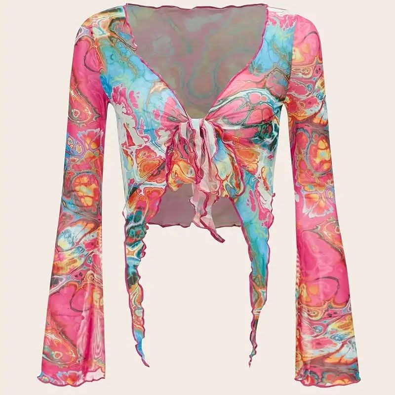 Long sleeve mesh contrast knotted ruffle top  | Festival Outfits Women