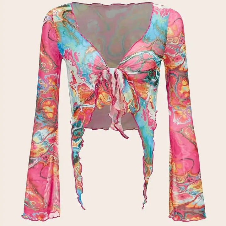 Long sleeve mesh contrast knotted ruffle top  | Festival Outfits Women